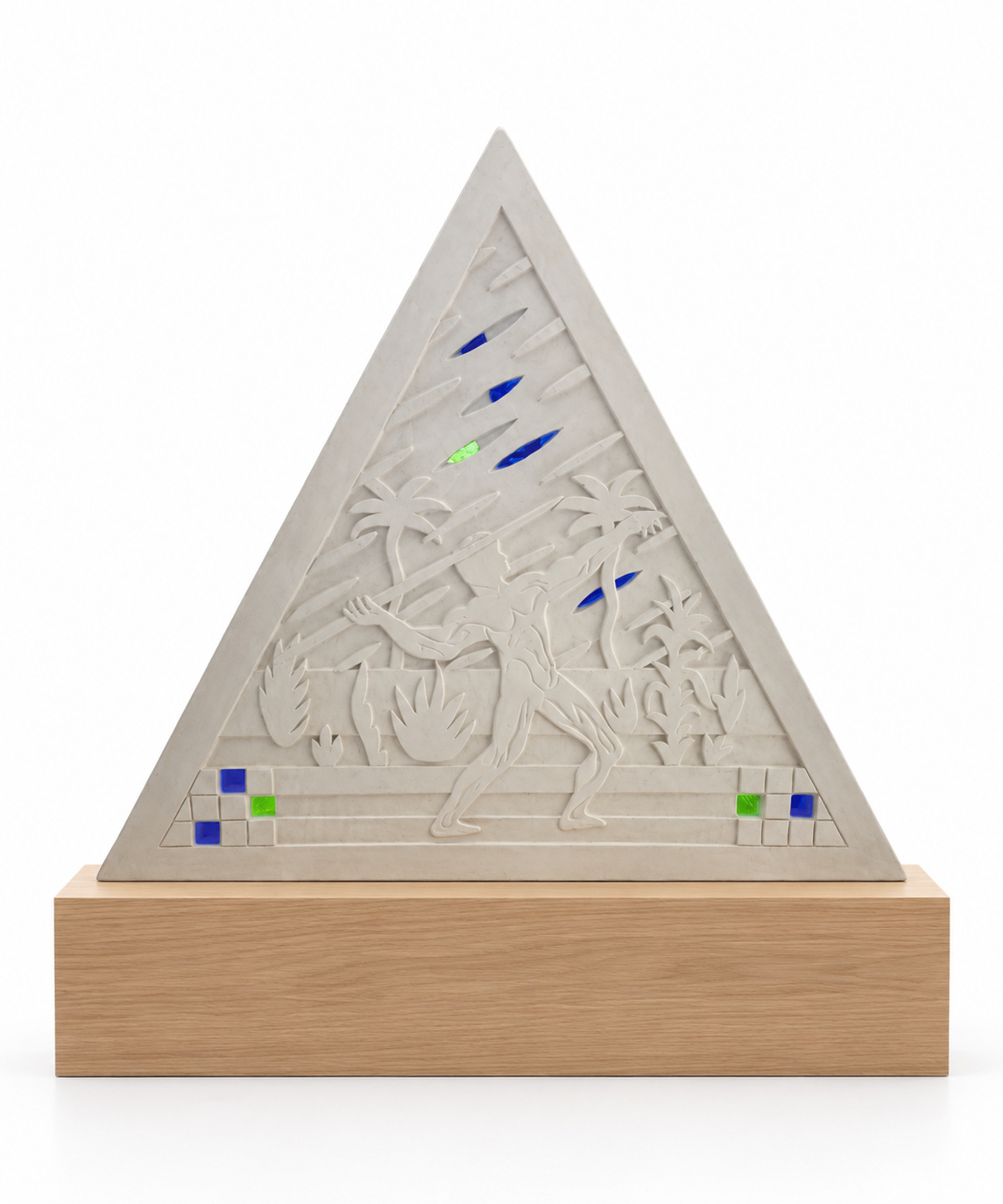 Fresque de plâtre triangulaire de Louis Barthélemy, lanceur entre deux palmiers sous des traits obliques, gouttes de verre bleu et vert