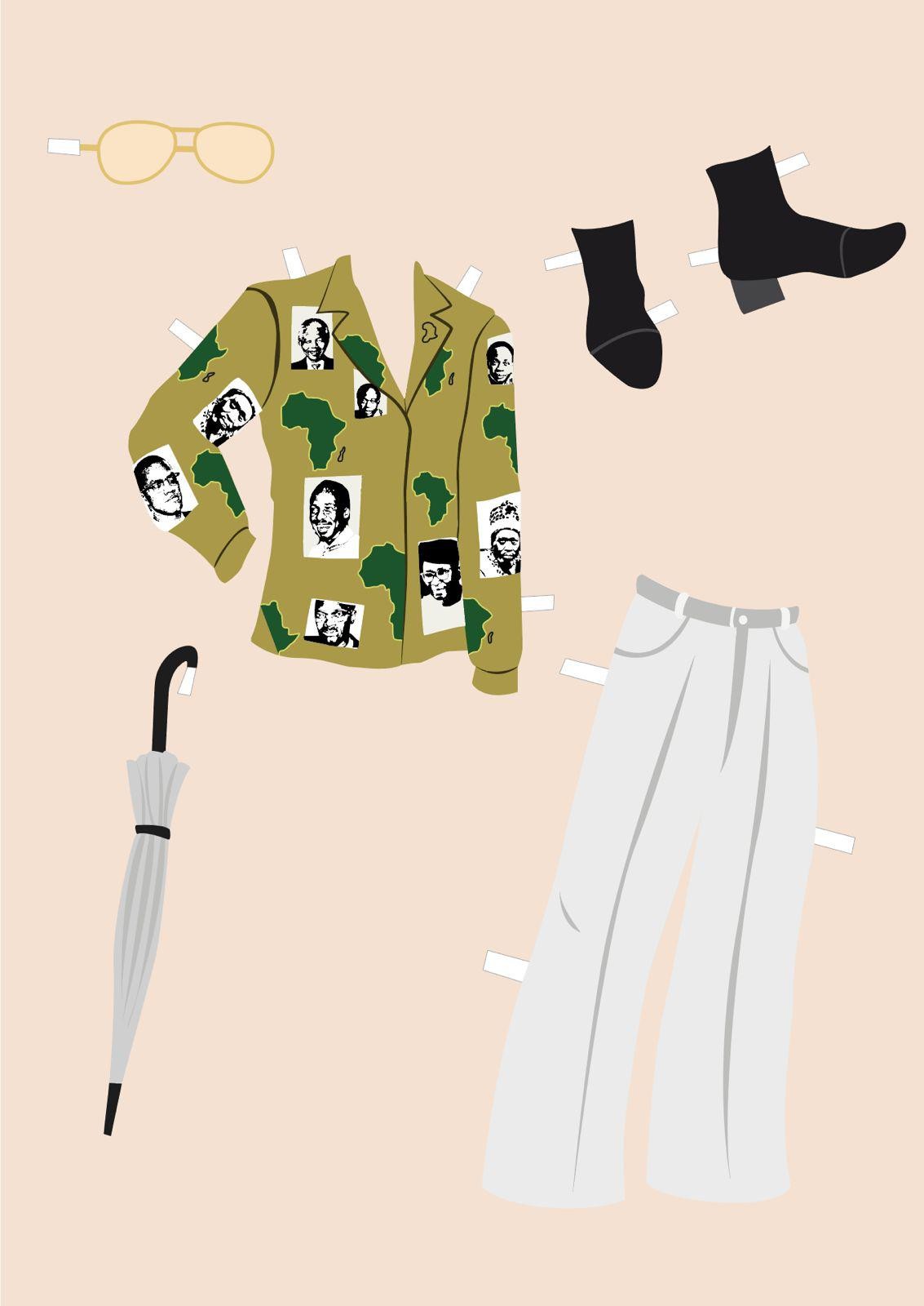 Illustration : une veste imprimée de portraits et de cartes d'Afrique, un pantalon clair, des chaussettes, des lunettes et un parapluie, découpés comme une garde-robe de poupée de papier